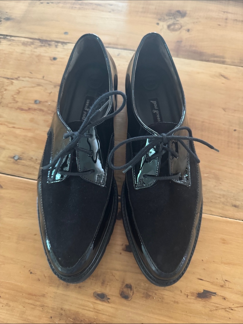 Paul Green Soho Derby leather lace-up shoes in black patent leather suede 7.5